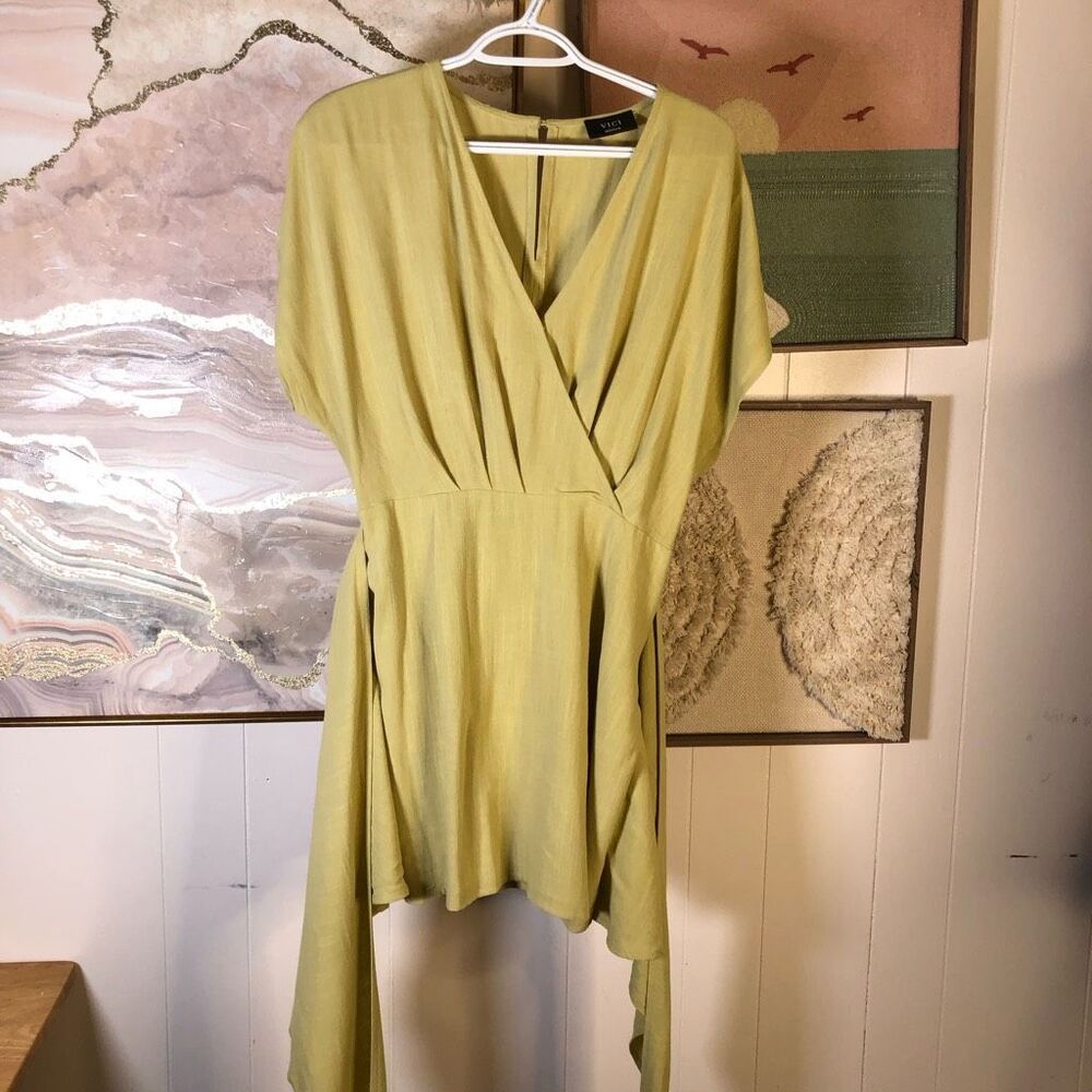 Vici Womens Morocco Kimono Sleeve Wrap Front Mini Dress Lime Green Size Medium
